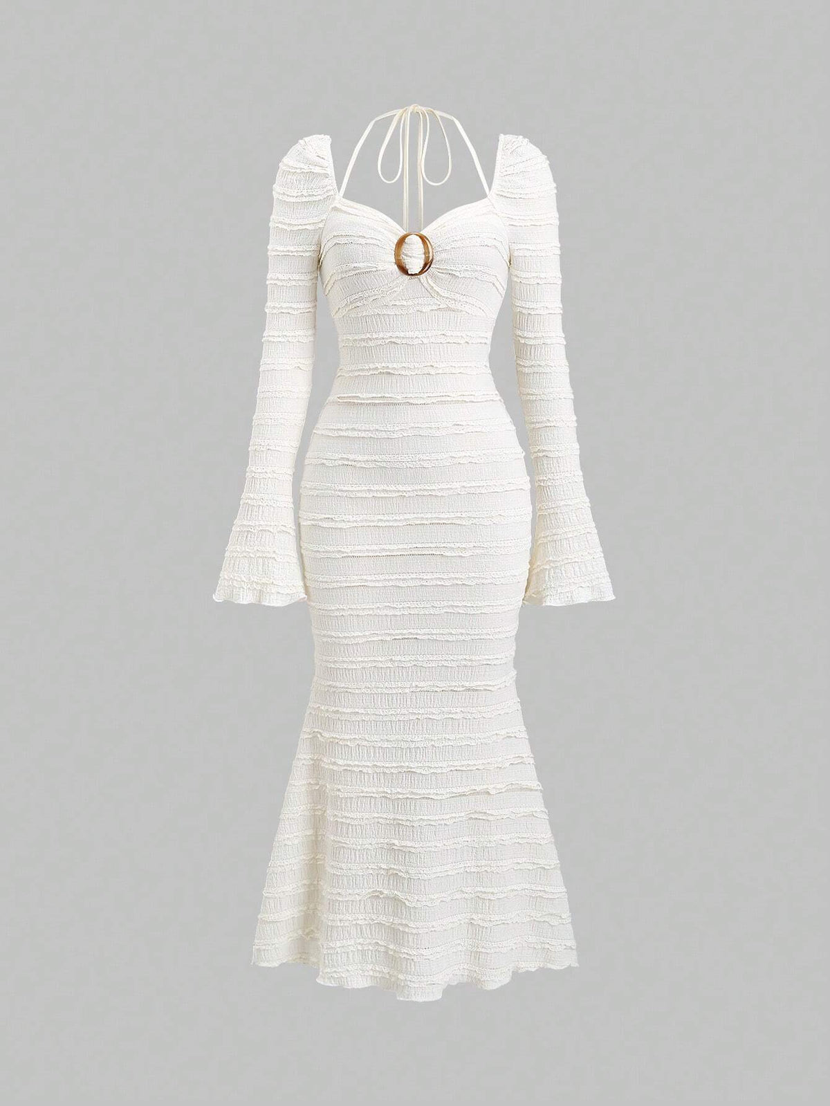 Long Sleeve Neck Tie-Up Metal Decor Casual Dress