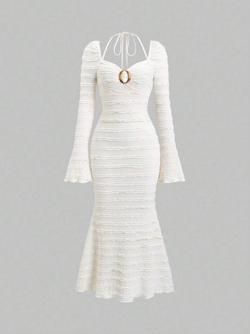 Long Sleeve Neck Tie-Up Metal Decor Casual Dress