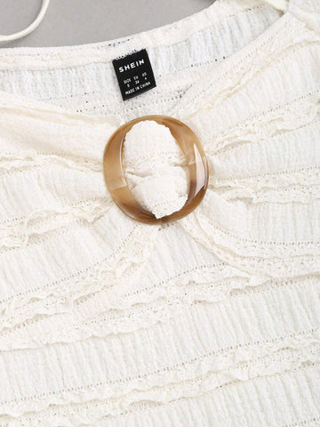 Long Sleeve Neck Tie-Up Metal Decor Casual Dress