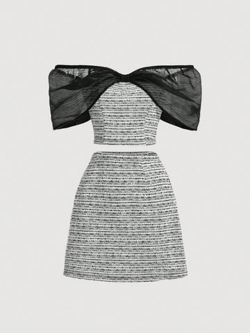 Mesh Spliced Off Shoulder Top And Skirt Two-Piece Set
