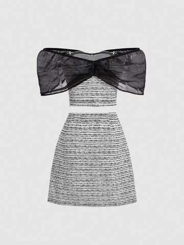 Mesh Spliced Off Shoulder Top And Skirt Two-Piece Set