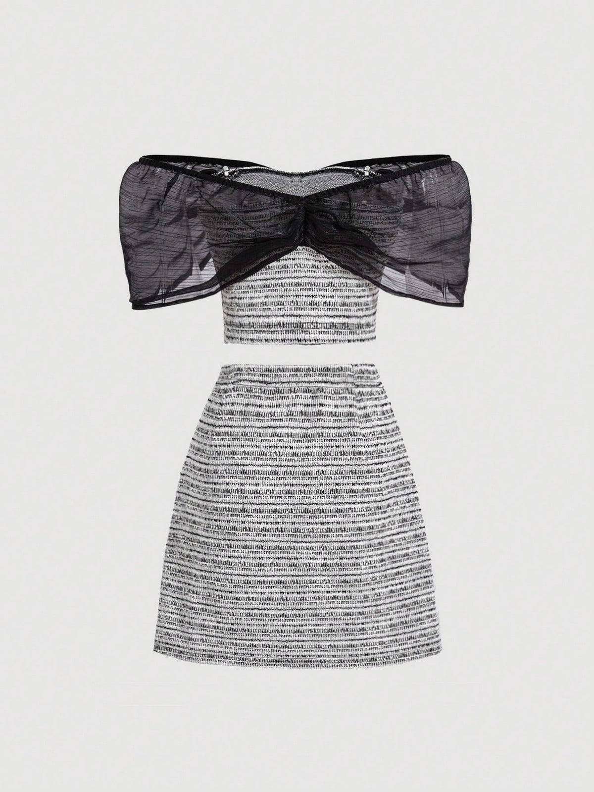 Mesh Spliced Off Shoulder Top And Skirt Two-Piece Set