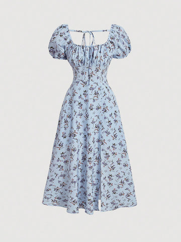 Mini Floral Printed A-Line Dress With Square Neckline And Puff Sleeves