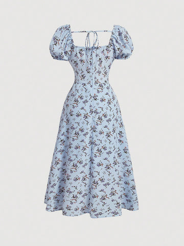 Mini Floral Printed A-Line Dress With Square Neckline And Puff Sleeves