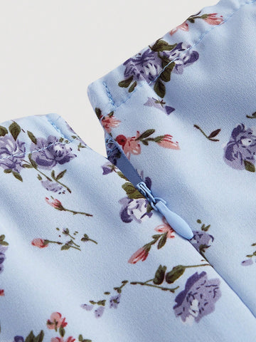 Mini Floral Printed A-Line Dress With Square Neckline And Puff Sleeves
