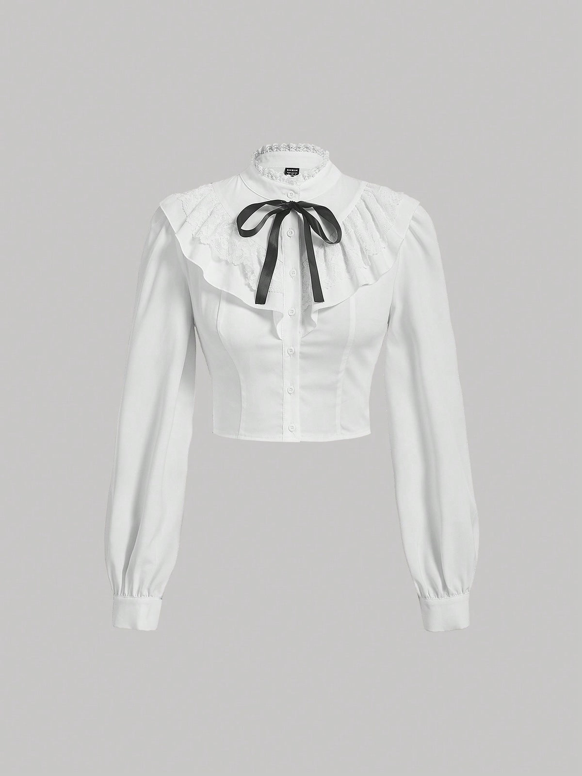 Mock Neck Lace Detail Ruffle Trim Knot Front Shirt
