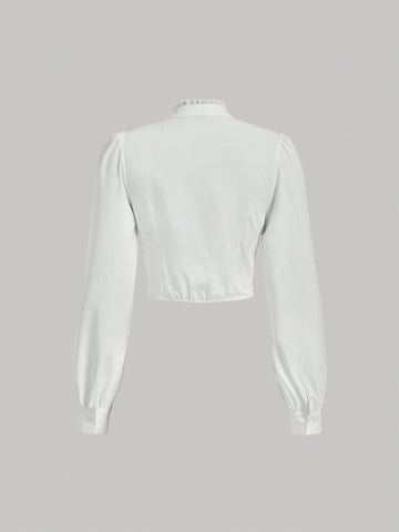 Mock Neck Lace Detail Ruffle Trim Knot Front Shirt