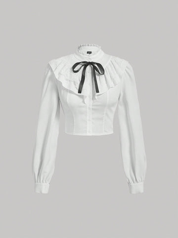 Mock Neck Lace Detail Ruffle Trim Knot Front Shirt