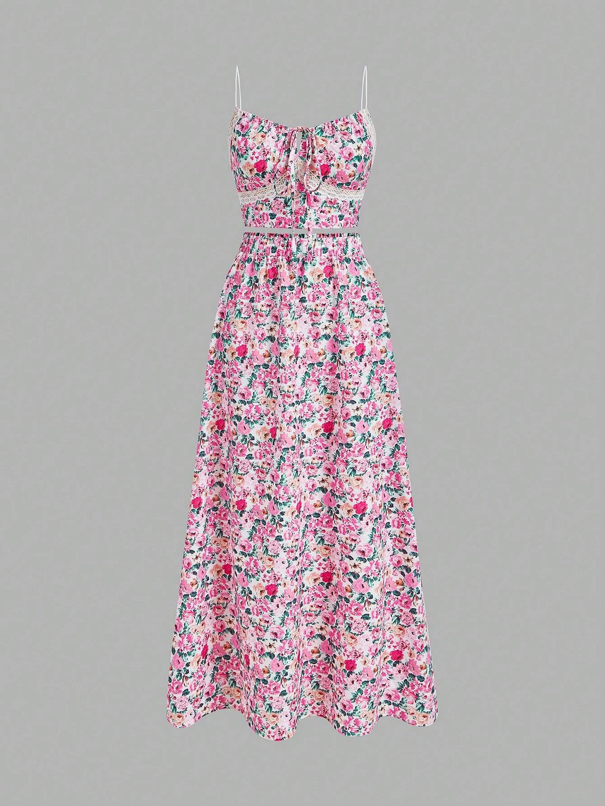New Fashionable Elegant Beach Print Lace Splicing Front Tie Strap Tank Top And Elastic Waist Half-Length Skirt Set