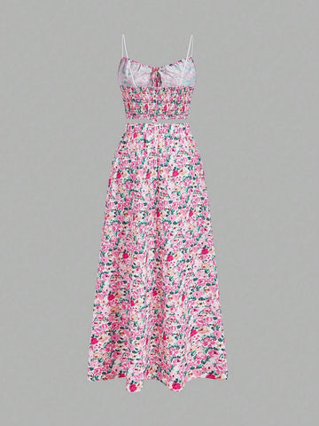 New Fashionable Elegant Beach Print Lace Splicing Front Tie Strap Tank Top And Elastic Waist Half-Length Skirt Set