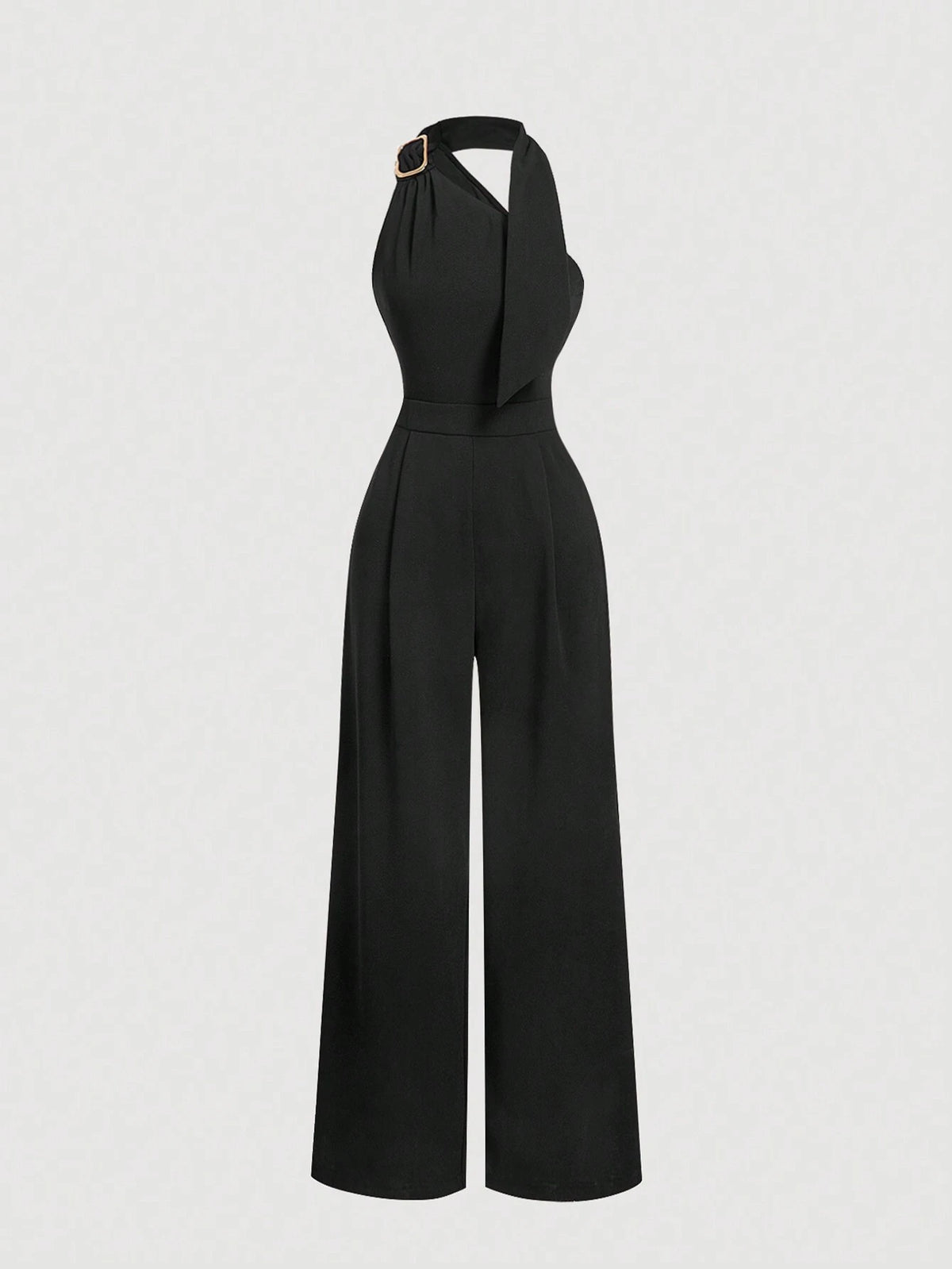 Oblique Shoulder Ribbon Waist Wide Leg Black Jumpsuit,Wedding Women Jumpsuit,Fall/Winter Jumpsuit,Teacher Clothes,Old Money Style Jumpsuit,Business Casual Jumpsuit,Brunch Jumpsuit,Going Out Jumpsuit,Formal Jumpsuit