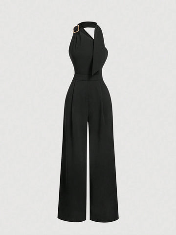 Oblique Shoulder Ribbon Waist Wide Leg Black Jumpsuit,Wedding Women Jumpsuit,Fall/Winter Jumpsuit,Teacher Clothes,Old Money Style Jumpsuit,Business Casual Jumpsuit,Brunch Jumpsuit,Going Out Jumpsuit,Formal Jumpsuit