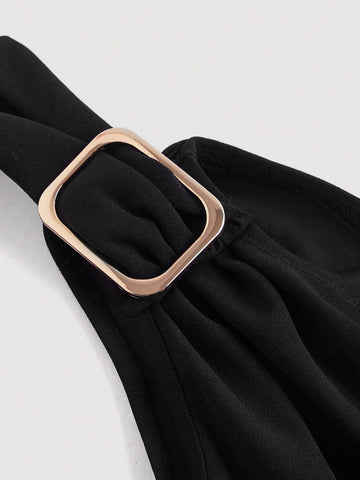 Oblique Shoulder Ribbon Waist Wide Leg Black Jumpsuit,Wedding Women Jumpsuit,Fall/Winter Jumpsuit,Teacher Clothes,Old Money Style Jumpsuit,Business Casual Jumpsuit,Brunch Jumpsuit,Going Out Jumpsuit,Formal Jumpsuit