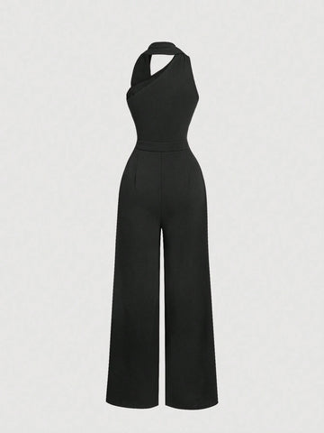 Oblique Shoulder Ribbon Waist Wide Leg Black Jumpsuit,Wedding Women Jumpsuit,Fall/Winter Jumpsuit,Teacher Clothes,Old Money Style Jumpsuit,Business Casual Jumpsuit,Brunch Jumpsuit,Going Out Jumpsuit,Formal Jumpsuit