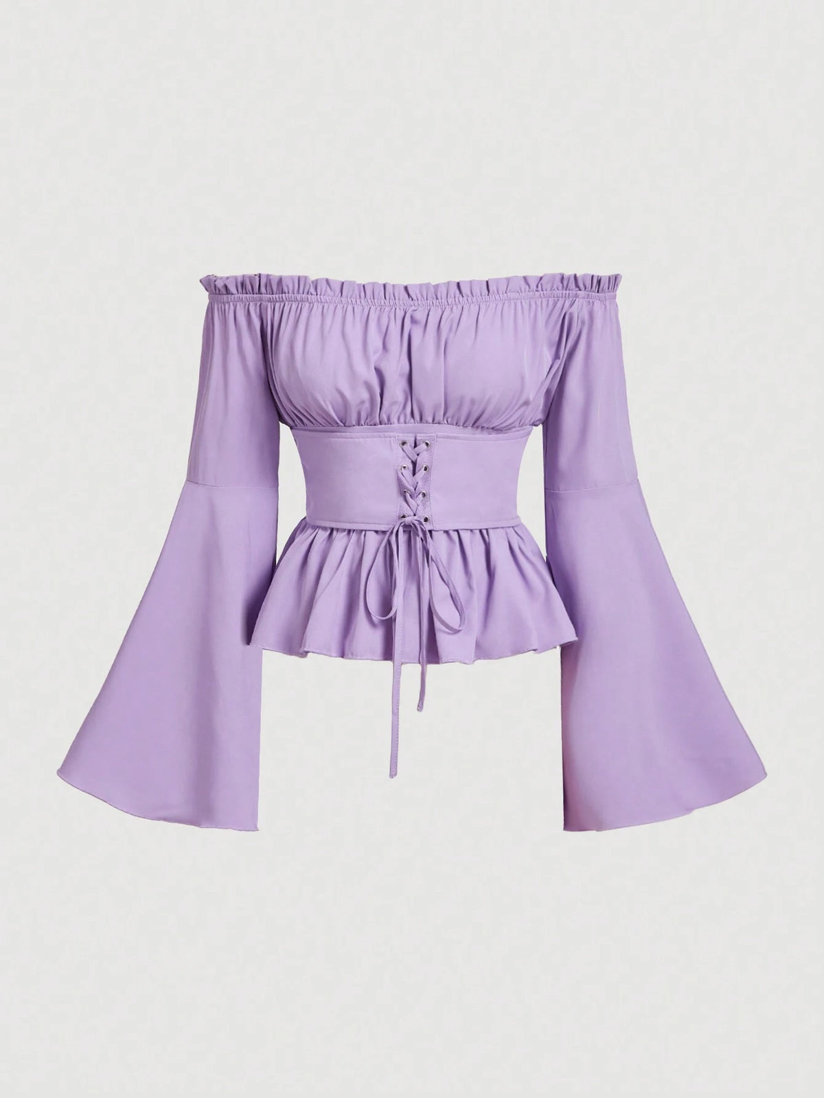 MOD Off Shoulder Lace Up Front Ruched Bust Ruffle Hem White Waisted One-Shoulder Bell Sleeves Blouse