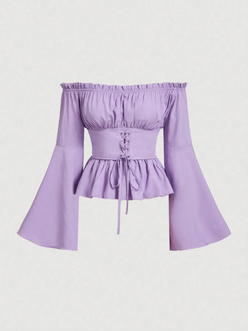 MOD Off Shoulder Lace Up Front Ruched Bust Ruffle Hem White Waisted One-Shoulder Bell Sleeves Blouse