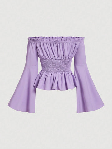 MOD Off Shoulder Lace Up Front Ruched Bust Ruffle Hem White Waisted One-Shoulder Bell Sleeves Blouse