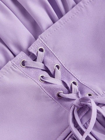 MOD Off Shoulder Lace Up Front Ruched Bust Ruffle Hem White Waisted One-Shoulder Bell Sleeves Blouse