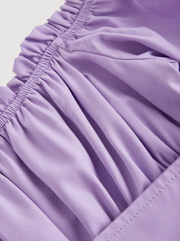 MOD Off Shoulder Lace Up Front Ruched Bust Ruffle Hem White Waisted One-Shoulder Bell Sleeves Blouse