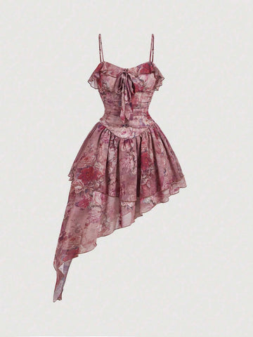 Ombre Rose Pink Purple Ribbon Bow Tie Multi-Layer Asymmetric Hem Cami Dress For Summer