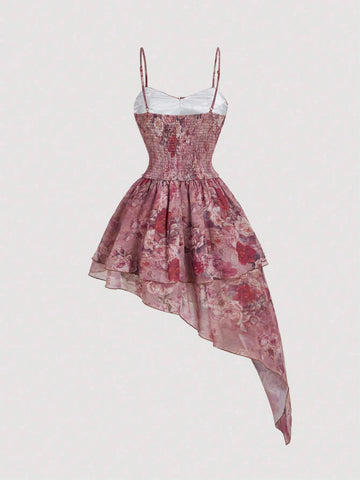 Ombre Rose Pink Purple Ribbon Bow Tie Multi-Layer Asymmetric Hem Cami Dress For Summer