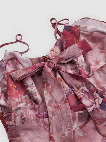 Ombre Rose Pink Purple Ribbon Bow Tie Multi-Layer Asymmetric Hem Cami Dress For Summer