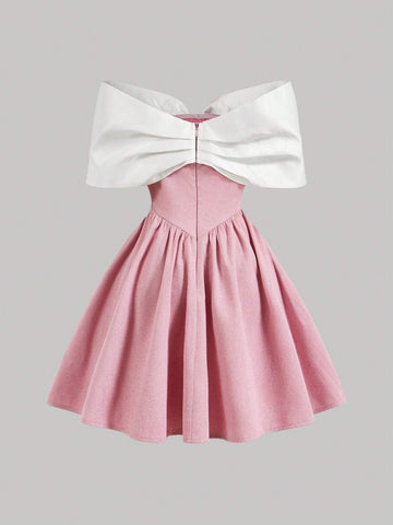 One Shoulder Color Block Pink Short Dress With Large Bow, Wedding Reception Dress, Pink Dress,