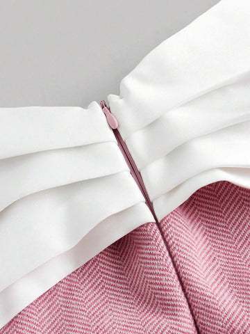 One Shoulder Color Block Pink Short Dress With Large Bow, Wedding Reception Dress, Pink Dress,