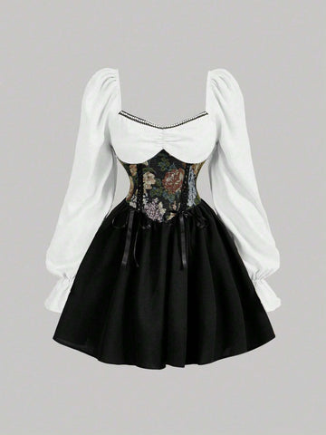 Palace Gorgeous Contrast Color Baroque Waistline Retro Party Date Dress,Cruise Women