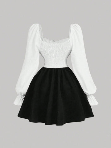 Palace Gorgeous Contrast Color Baroque Waistline Retro Party Date Dress,Cruise Women