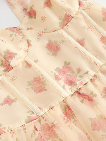 Party Pink Floral Printed Long Chiffon Dress With Spaghetti Straps And Bow Tie