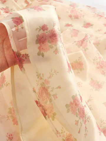 Party Pink Floral Printed Long Chiffon Dress With Spaghetti Straps And Bow Tie