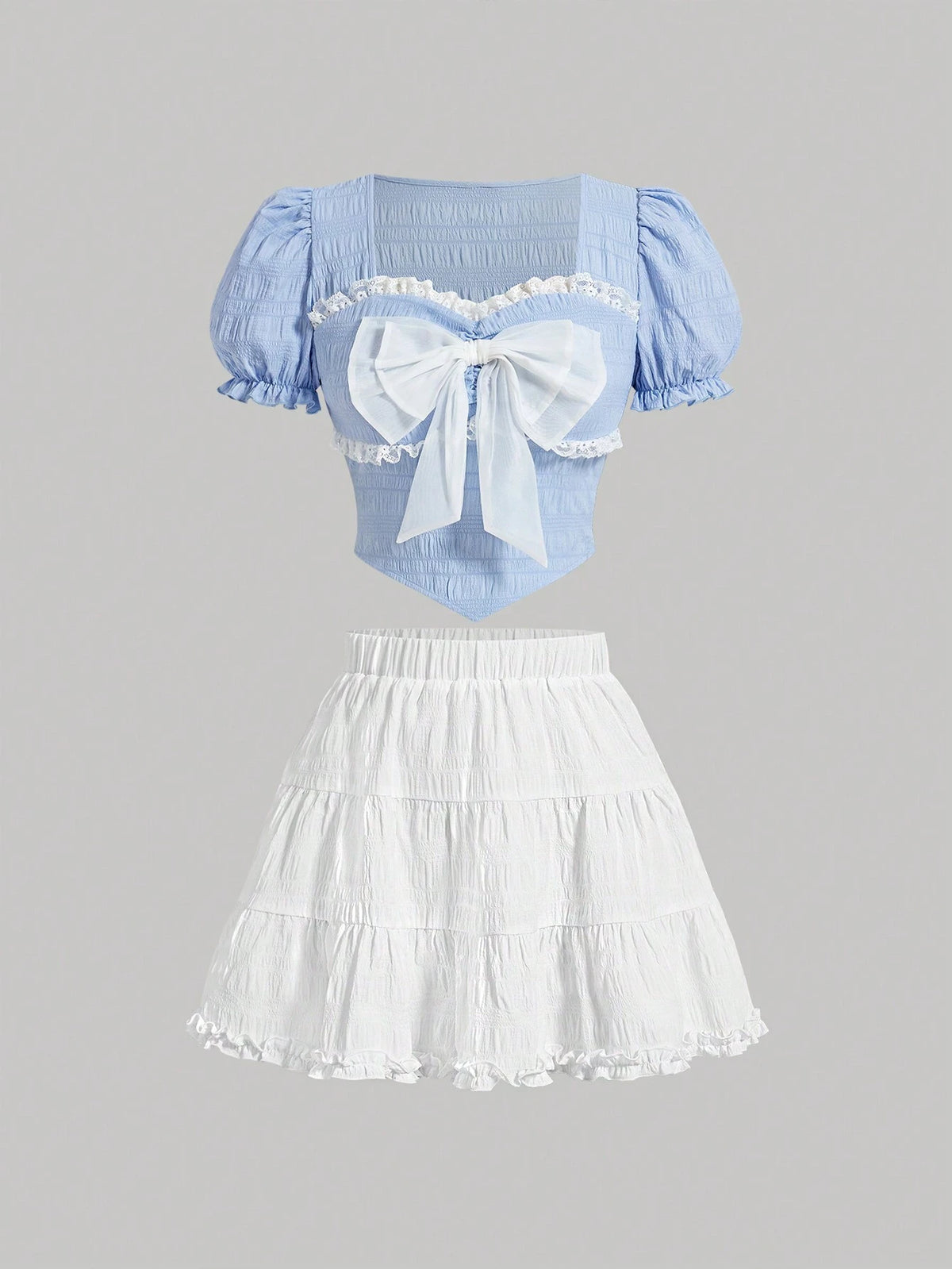 Peter Pan Collar Bubble Sleeve Eyelash Lace And Floral Patchwork Wrinkled Blouse With Elastic Waistband And Multilayered Pleated Skirt Two-Piece Set