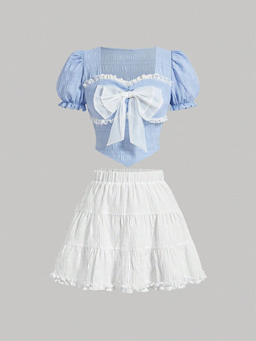 Peter Pan Collar Bubble Sleeve Eyelash Lace And Floral Patchwork Wrinkled Blouse With Elastic Waistband And Multilayered Pleated Skirt Two-Piece Set