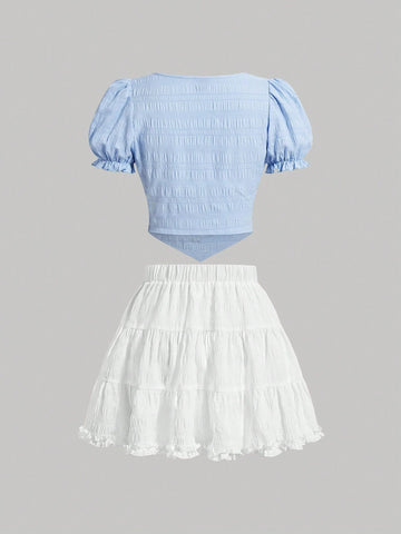 Peter Pan Collar Bubble Sleeve Eyelash Lace And Floral Patchwork Wrinkled Blouse With Elastic Waistband And Multilayered Pleated Skirt Two-Piece Set