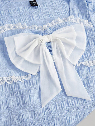 Peter Pan Collar Bubble Sleeve Eyelash Lace And Floral Patchwork Wrinkled Blouse With Elastic Waistband And Multilayered Pleated Skirt Two-Piece Set