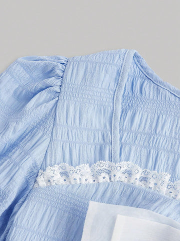 Peter Pan Collar Bubble Sleeve Eyelash Lace And Floral Patchwork Wrinkled Blouse With Elastic Waistband And Multilayered Pleated Skirt Two-Piece Set