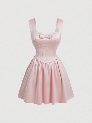 Pink 3D Bow Waist Belted V-Neck Satin Summer Party Dress For Dating