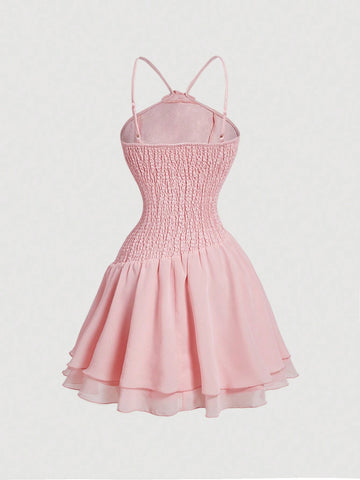 Pink 3D Floral Asymmetrical Double Layer Hem Jacquard Spliced Summer Date Party