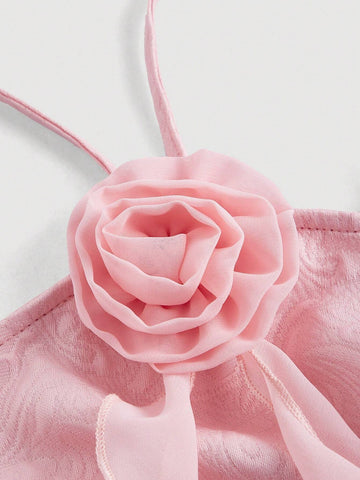 Pink 3D Floral Asymmetrical Double Layer Hem Jacquard Spliced Summer Date Party