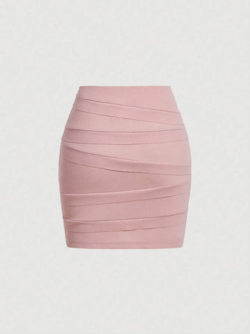 Pink Butterfly Knot Design Split Hem Strapless Top & Skirt Set With Fringe Detail