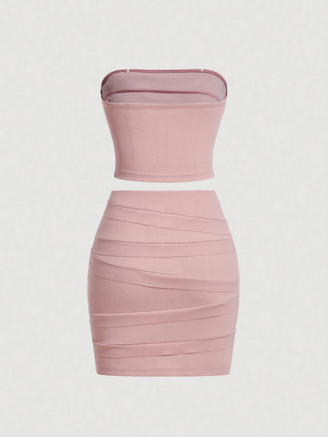 Pink Butterfly Knot Design Split Hem Strapless Top & Skirt Set With Fringe Detail