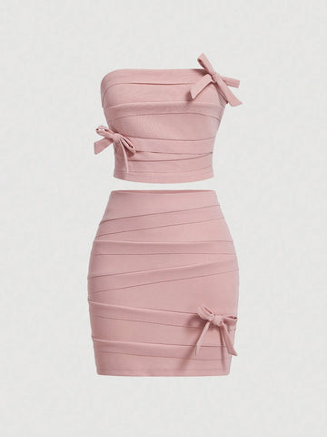 Pink Butterfly Knot Design Split Hem Strapless Top & Skirt Set With Fringe Detail