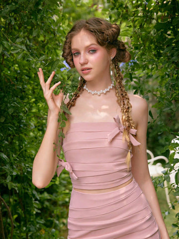 Pink Butterfly Knot Design Split Hem Strapless Top & Skirt Set With Fringe Detail