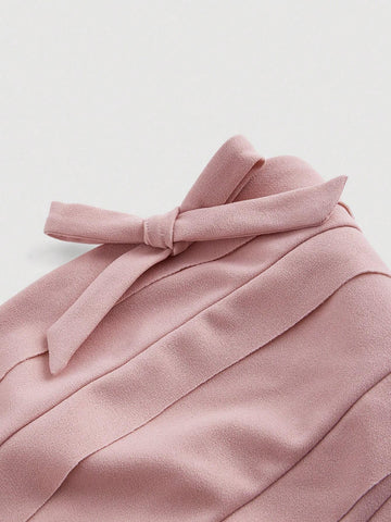 Pink Butterfly Knot Design Split Hem Strapless Top & Skirt Set With Fringe Detail