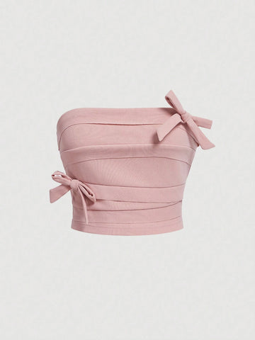 Pink Butterfly Knot Design Split Hem Strapless Top & Skirt Set With Fringe Detail