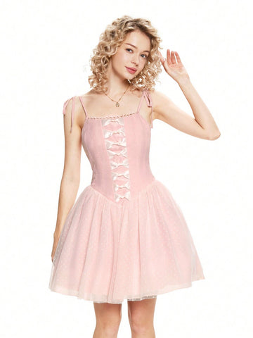 Elegant Dress With Bow On The Front And Mesh Hem, Party Dress,New Years Outfit,Valentine's