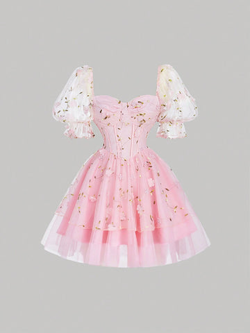 Pink Gorgeous Fantasy Three-Dimensional Flower Mesh Embroidery Cake Dress, Brunch Dress, Date