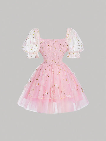 Pink Gorgeous Fantasy Three-Dimensional Flower Mesh Embroidery Cake Dress, Brunch Dress, Date