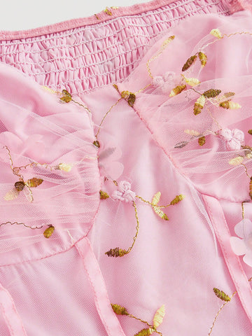 Pink Gorgeous Fantasy Three-Dimensional Flower Mesh Embroidery Cake Dress, Brunch Dress, Date